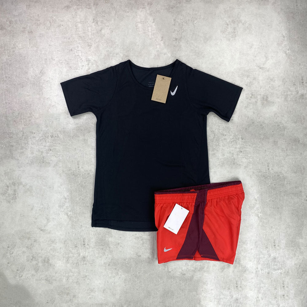 t-shirt/ shorts black/ crimson red set women's